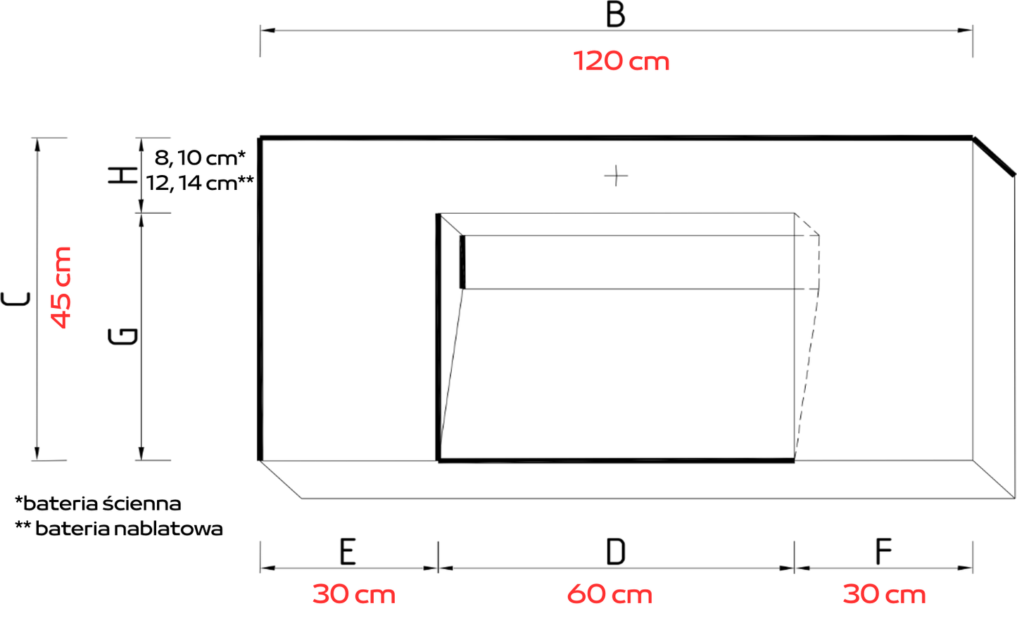Umywalka zintegrowana z blatem 120x45x10cm C.60