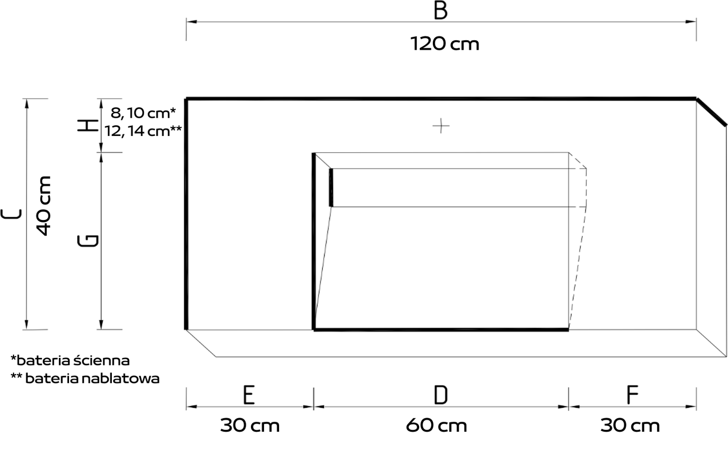 Umywalka zintegrowana z blatem 120x40x10cm C.60