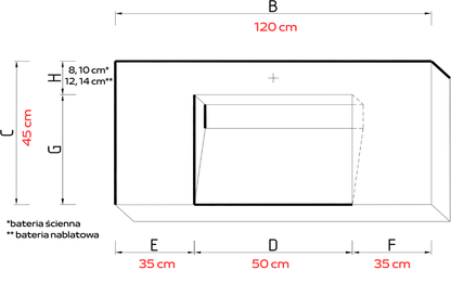 Umywalka zintegrowana z blatem 120x45x10cm C.50