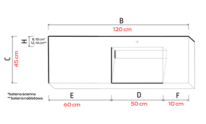 Umywalka zintegrowana z blatem 120x45x10cm LB.50
