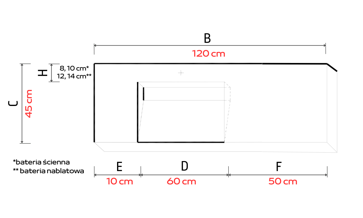 Umywalka zintegrowana z blatem 120x45x10cm PB.60