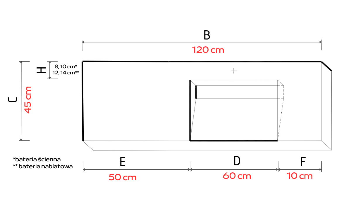 Umywalka zintegrowana z blatem 120x45x10cm LB.60